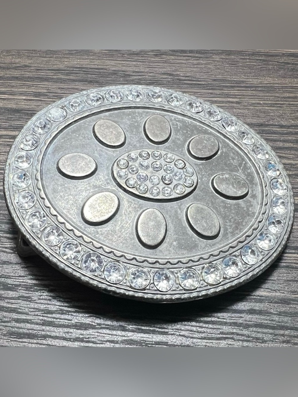 Vintage Western Boho Flower Rhinestone Antique Silver Metal Oval Belt Buckle